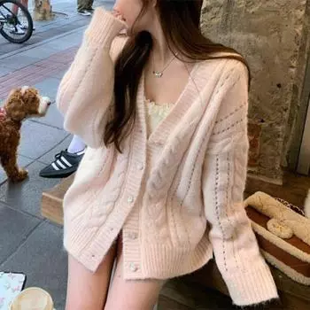 Gentle wind sweet pink v-neck sweater jacket women s autumn loose age-reducing twist knitted cardigan top One Size
