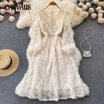 Gentle Wind женское тонкое платье длиной до колена с приталенным силуэтом и длинными рукавами цвета примулы, элегантное кружевное платье с V-образным вырезом S абрикосовый