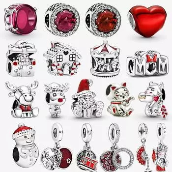 Genuine 925 Sterling Silver Beads Red Heart Gift Box Santa Charm For Original Bracelet Ladies DIY Jewelry Gifts