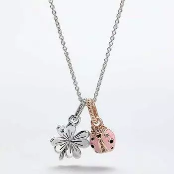 Подлинное модное ожерелье из стерлингового серебра 925 пробы с четырьмя листьями травы и божьей коровкой, подходит для оригинального женского украшения-подвески Pan Charm Diy