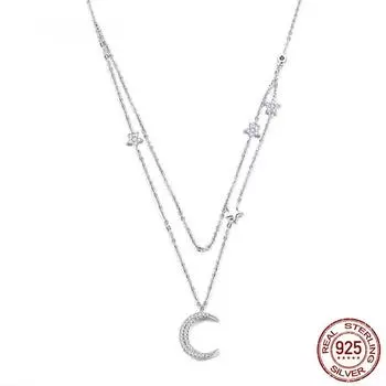 Натуральное серебро 925 пробы, двухслойная цепочка с подвесками в виде Луны и звезд, ожерелья для женщин, ювелирные изделия из стерлингового серебра BSN038