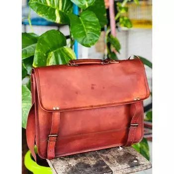 Genuine Goat Leather Vintage Laptop Big Storage Bag Handmade Men s 15 x 11 x 4 in