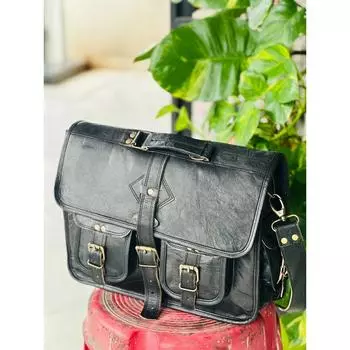 Genuine Goat Leather Vintage Laptop Handmade Black Necessary Bag Satchel 18 x 14 x 6 in