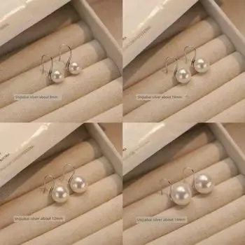 Genuine Goods 999 Sterling Silver Stud Earrings High Heels Shijia Pearl Earrings Perfect Circle Women Ear Hook Eardrop Earring Non-Allergic Silver hook + [Shi Jia White Pearl 8mm] a pair