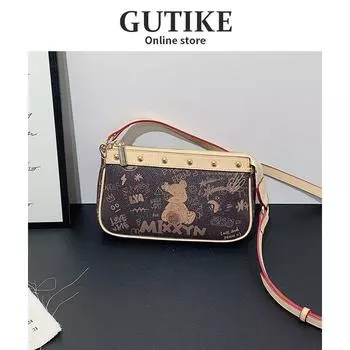 Genuine Goods Genuine Leather Western Style Niche Style Graffiti Mahjong Bag Crossbody Bag Female 2025 New Arrival Fancy Contrast Color Underarm Bag Coffee