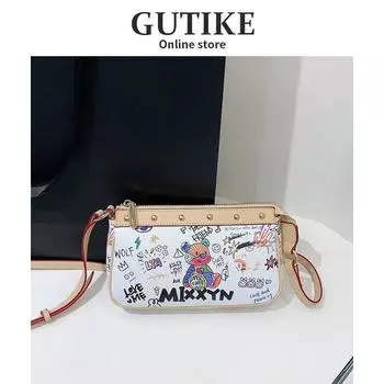 Genuine Goods Genuine Leather Western Style Niche Style Graffiti Mahjong Bag Crossbody Bag Female 2025 New Arrival Fancy Contrast Color Underarm Bag