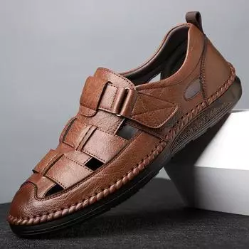 Genuine Leathe Summer Special Offer Men s Business Casual Hollow Work with Holes Leather Sandals Men s Work Hole Sandals 38 чёрный