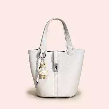 Genuine Leather Bag Women 2025 New High-Grade Embossed Leather Portable Commuter Vegetable Basket Bucket Bag Soft Leather Messenger Bag Creamy-white Leather