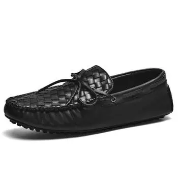 Genuine Leather Casual Shoes Men Summer Luxury Flats Mens Loafers High Quality Slip On Black Weave Office Handmade Driving Shoes 38