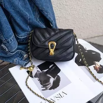 Genuine Leather Chain Shoulder Bag Versatile and Fashionable Crossbody Small Square Bag Mobile Phone Bag чёрный