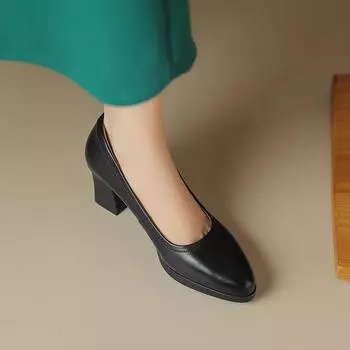 Genuine leather cheongsam catwalk thick heel with black first layer cowhide mother shoes medium heel shallow mouth professional work women s shoes 34