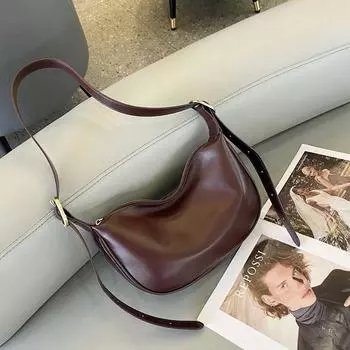 Genuine Leather Crossbody Bag for Women 2024 New Arrival Niche Style Fancy Dumpling Bag Vintage Wide Shoulder Strap Waist Bag Cowhide Saddle Bag Wine Brown [first layer vegetable-tanned cowhide]]
