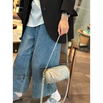 Genuine Leather Cylinder Bag Women 2025 New Summer Sheepskin Woven Underarm Bag High-Grade Shoulder Shoulder Small Bag Fashion Agate Gray