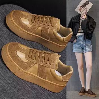 Genuine leather de training shoes thick bottom breathable plate shoes sports leisure small white shoe 35 кофейный