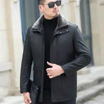 Пуховик из натуральной кожи, мужская зимняя куртка средней длины из натуральной кожи для пап среднего возраста, повседневная утолщенная куртка M