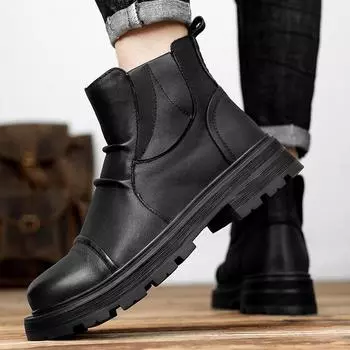 Genuine Leather Fashion Ankle Boots 2024 New Men s Mens Slip on High Top Shoes High Quality Male Comfortable Motorcycle Boots 38 чёрный