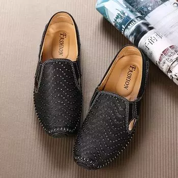Genuine Leather Flats New Loafers Mens Summer Casual Flats Hollow Out Mens Shoes Cool Moccasins Breathable Summer Walking Shoes 38 чёрный