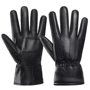 Genuine Leather Gloves Men s Winter Thick Fleece Heattech Outdoor Cycling Motorcycle Windproof Skiiing Waterproof Goatskin Finger Men [Goatskin elastic]] One size