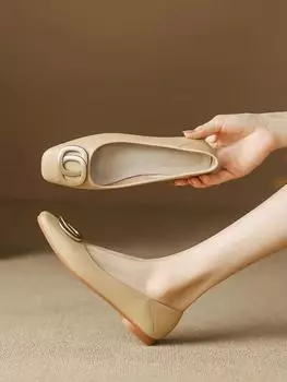 Genuine leather grandma shoes 2025 New Spring and Autumn one-pedal versatile shallow mouth square head soft leather soft sole flat shoes women 34