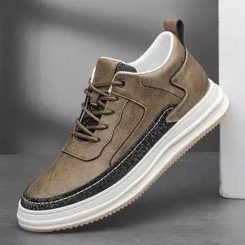 Genuine Leather High Quality Mens Sneakers Fashion Lace-Up Male Elevator +6cm Casual Shoes 2024 New All-match Skate Shoes Men 37 чёрный