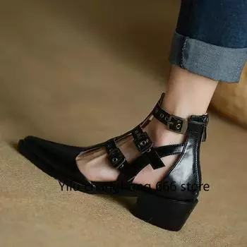 Genuine Leather Hollow Roman Sandal 2025 Summer Pointed Belt Buckle Zip Thick Heel Sandals Black/beige Fashion Women Sandals 35
