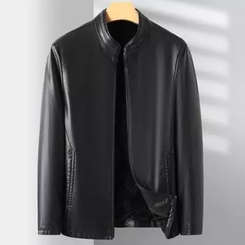 Genuine leather jacket men s autumn and winter velvet leather jacket middle-aged stand-up collar casual leather jacket dad s top 170