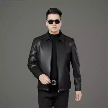 Мужская куртка из натуральной кожи, новая, с лацканами из овчины, кожаная куртка для папы среднего возраста M