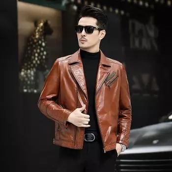 Куртка из натуральной кожи мужская тонкая телячья кожаная мотоциклетная куртка мужская натуральная кожа короткая куртка с воротником из натуральной кожи тонкое пальто L