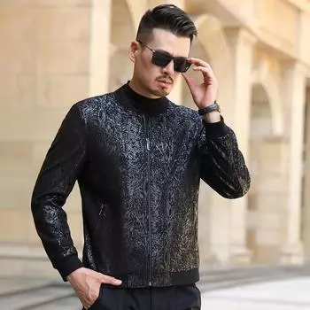 Genuine leather jacket men s slim short baseball stand collar pattern leather jacket men s middle-aged genuine leather jacket M