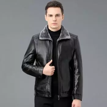 Genuine leather jacket men s winter business casual middle-aged dad wear thickened velvet lapel jacket 170