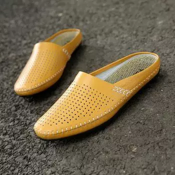 Genuine Leather Men Casual Shoes Breathable Men s Loafers Moccasins Hollow Out Summer Muller Shoes Simple Ultra-light Half Drag 38 чёрный