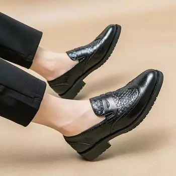 Genuine Leather Men Casual Shoes Classic Handmade Leather Shoe Comfortable Business Thick Soled Shoes Spring Brogue Suit Shoes 38 чёрный