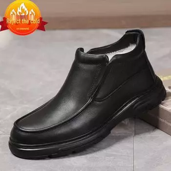 Genuine Leather Men s 2024 Winter Sheepskin Fur Boots - Warm, Comfortable Cotton Shoes 43 чёрный