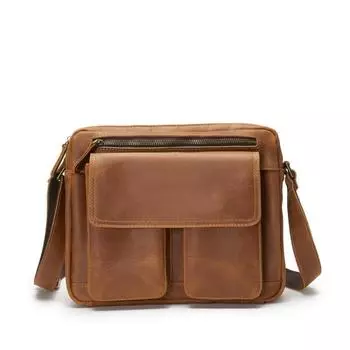 Мужская сумка через плечо из натуральной кожи, повседневная универсальная сумка через плечо из коровьей кожи, многослойная дорожная портативная функциональная сумка One Size коричневый
