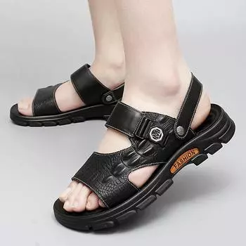 Genuine Leather Men Sandals Black Brown Summer Outdoor Antiskid Casual Sandals Cowhide Beach Shoes Two Uses Men Sandals Slippers 38 чёрный