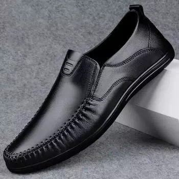 Genuine Leather Men Shoes High Quality Formal Casual Mens Loafers Moccasins Soft Breathable Slip on Boat Shoes Driving Shoes 37 чёрный