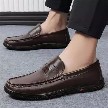 Genuine Leather Men Shoes Soft Sole Loafers Business Formal Moccasins Breathable Slip on Driving Shoes Leisure Man Walking Flats 38 коричневый