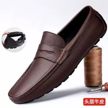 Genuine Leather Mens Casual Shoes Luxury Brand Formal Men Loafers Moccasins Soft Breathable Slip on Flats Business Driving Shoes 36 чёрный