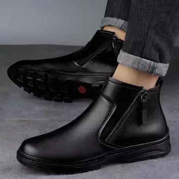 Genuine Leather Mens Outdoor Boots Luxury Brand British Casual High Top Shoes Winter Warm Chelsea Boots Men Business Ankle Boots 37