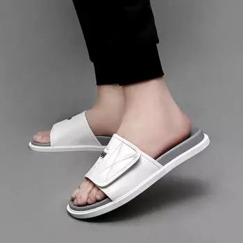 Genuine Leather Mens Summer Shoes Slip On Outdoor Walking Casual Shoes Indoor Slippers Luxury Brand Non-Slip Walking Beach Shoes 38 чёрный