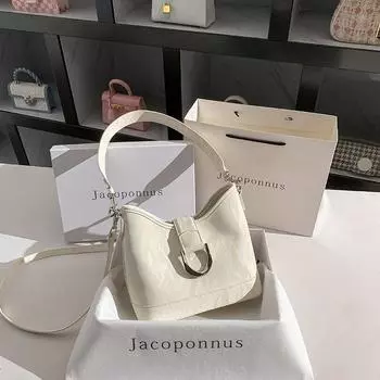 Genuine Leather New Chinese Style Crossbody Niche Style White Bucket Bag Pure ice beige