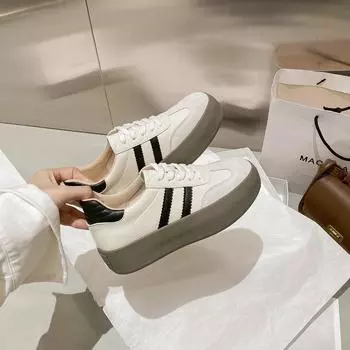 Genuine leather platform soled women s 2025 new round toe versatile lace-up casual sports shoes 35