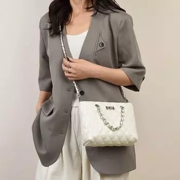 Genuine Leather Rhombus Chain Bag Women 2025 New Popular Summer Versitile Fashion Ins Trendy High-Grade Shoulder Messenger Bag White
