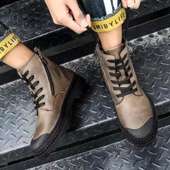 Genuine Leather Side Zipper Mens Winter Boots Fashion Men Lace-Up Boots Male Comfortable High Top Casual Shoe 38