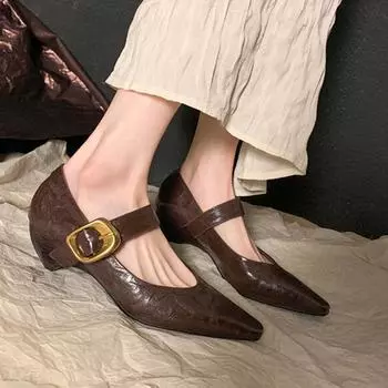 Genuine Leather Simple Shoes Women 2024 Shoes Retro Mary Jane Shoes on Low Heel Women s French Eleagnat 34 коричневый