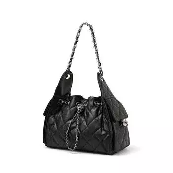 Genuine Leather Single-shoulder Underarm Bag Large-capacity Wandering Bag Bucket Drawstring Bag Chain Crossbody Bag One Size чёрный