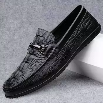 Genuine Leather Slip on Mens Loafers Crocodile Pattern Casual Shoes Designer Mocasines Hot Sale Man Driving Shoes Walking Flats 38 чёрный