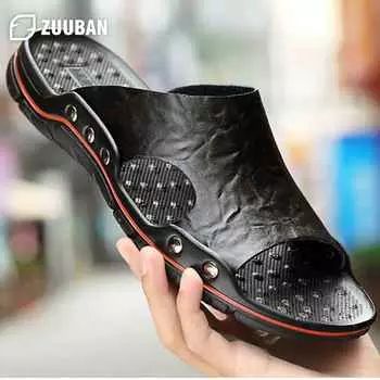 Genuine Leather Slippers Men Big Size 48 47 Slip on Casual Shoes Summer Breathable Outdoor Mens Slides Comfortable Beach Sandals 42 чёрный