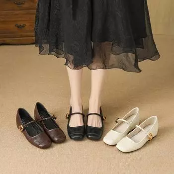 Genuine leather small fragrant style flat bottom retro word with Mary Jane shoes women s round head shallow mouth single shoes small leather sho 35 чёрный