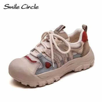 Кроссовки из натуральной кожи с круглым носком и шнуровкой. Удобная модная повседневная обувь. 35 бежевый